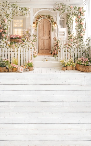 tlo-fotograficzne-wiosenna-weranda-bialy-plotek-drewniane-drzwi-rozowe-roże-tulipany-CL1742.webp