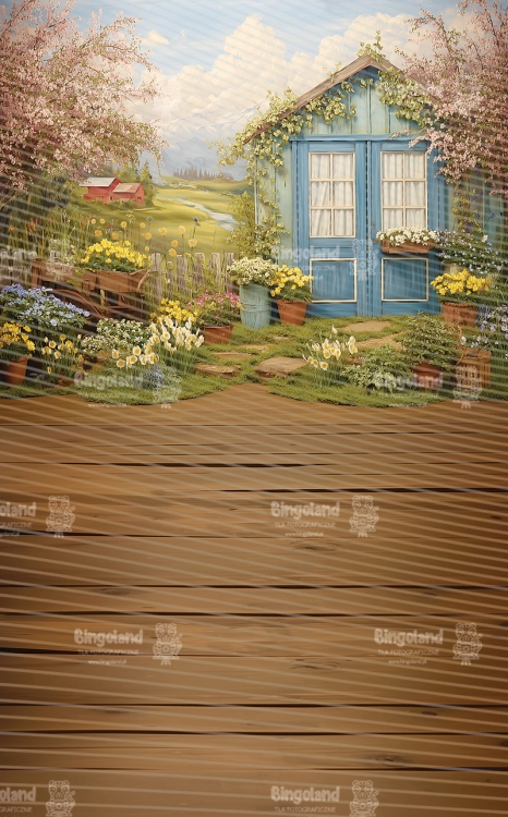 tlo-fotograficzne-wiosenny-ogrod-niebieski-domek-wielkanoc-kwiaty-CL1769.webp