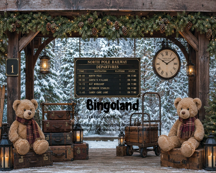 Magiczne Tło Fotograficzne Świąteczne – Stacja Kolejowa Bieguna Północnego, Retro Walizki i Miśki   Z 876