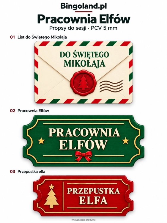 Propsy świąteczne Pracownia Elfów — rekwizyty do zdjęć na PCV